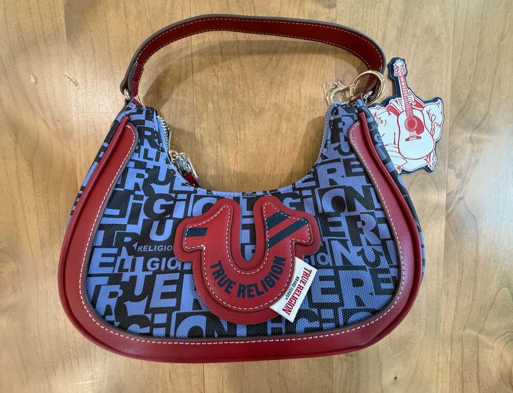 True Religion Navy And Red Monogram Horseshoe Hobo Bag With Buddha Charm